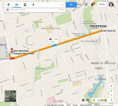 Map of Newmarket showing Treefrog, Hotel, and Group Dinner locations