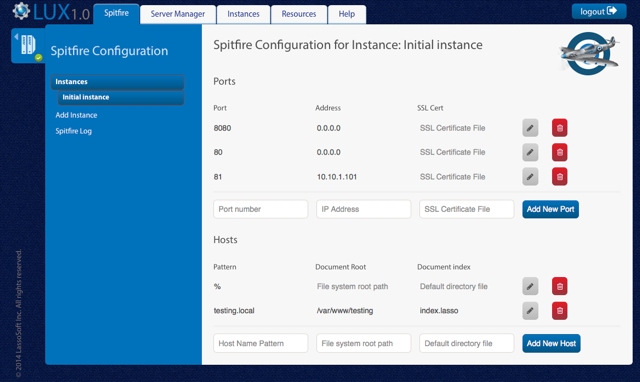 Lasso 9.3 LUX Spitfire direct webserving configuration screenshot